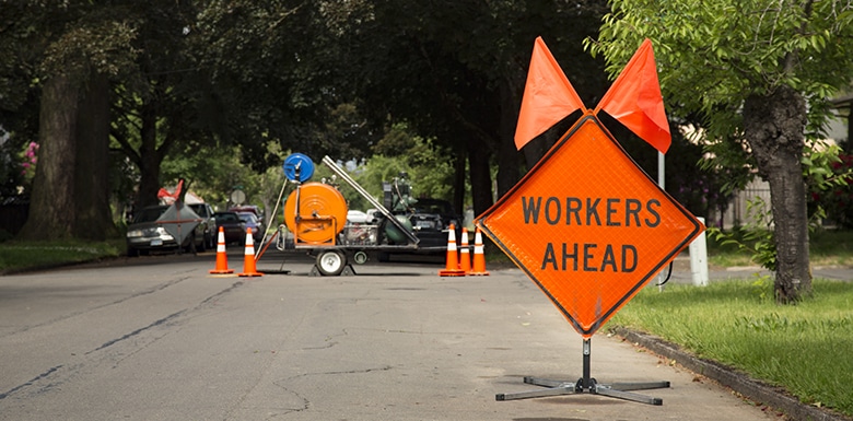 Traffic signs in a construction work zone