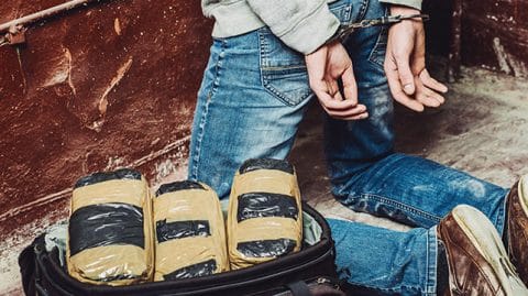 Man in handcuffs surrounded by drugs