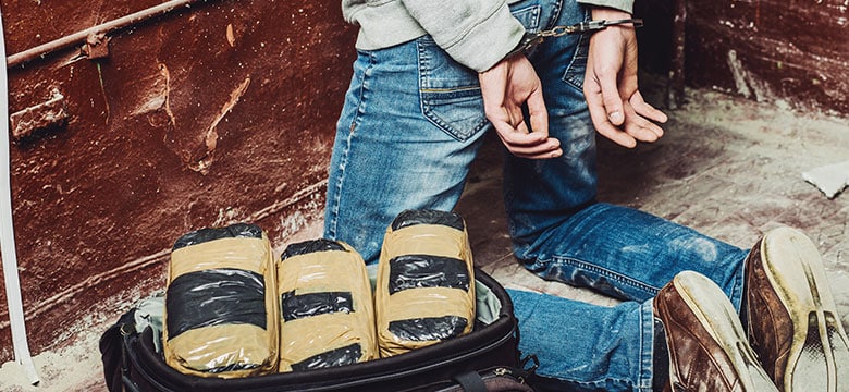 Man in handcuffs surrounded by drugs