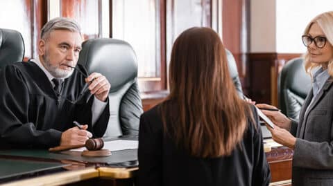 Defendant at a preliminary court hearing in front of a judge