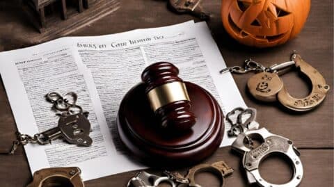 Halloween themed objects along with legal images relevant to someone arrested on Halloween.