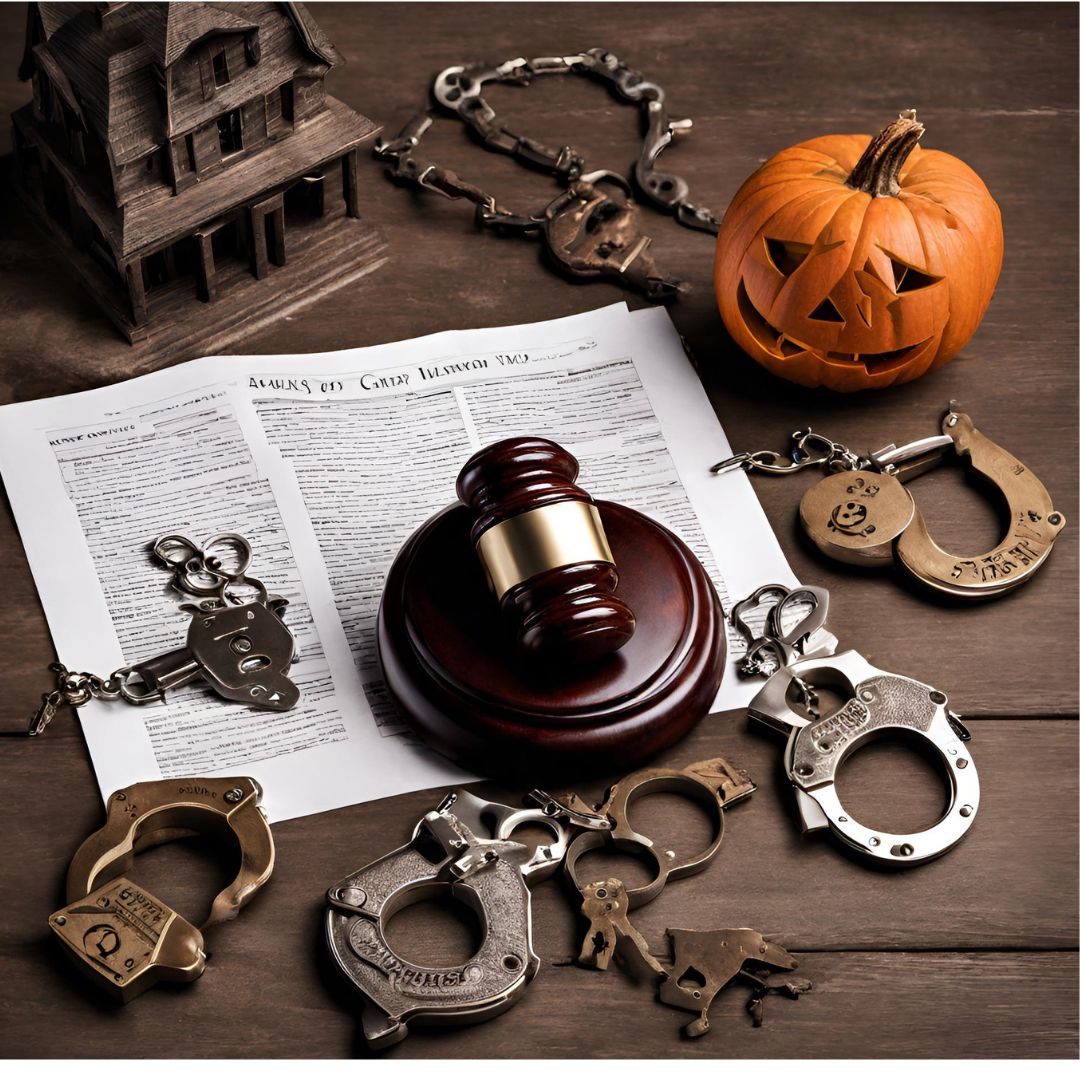 Halloween themed objects along with legal images relevant to someone arrested on Halloween.