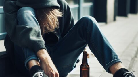 Person in hooded sweatshirt on corner with beer bottle, publicly intoxicated