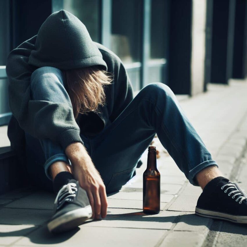 Person in hooded sweatshirt on corner with beer bottle, publicly intoxicated