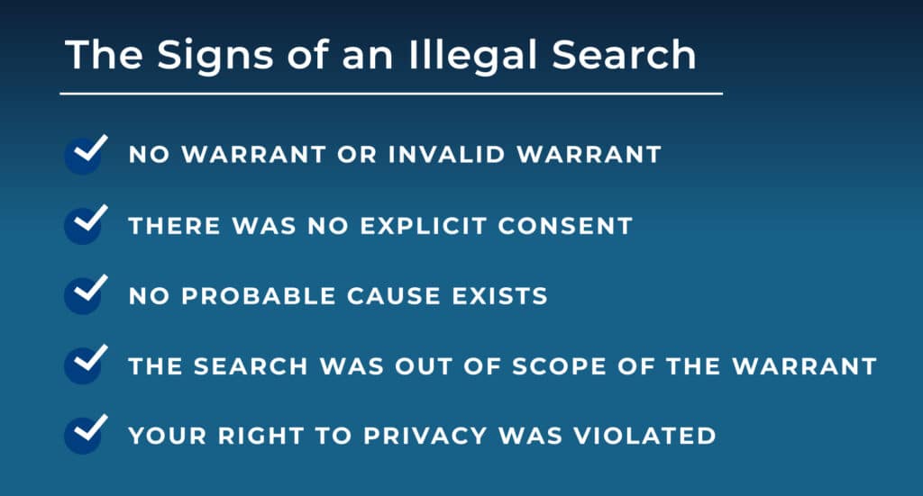 Infographic checklist titled "Signed of an Illegal Search"<br /> - No Warrant /The Warrant Was Invalid - There Was No Explicit Consent - No Probable Cause Exists - The Search Was Out of Scope of the Warrant - Your Right to Privacy Was Violated