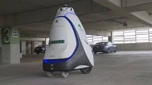AI-powered police robot patrolling a parking garage in Dublin, Ohio, as part of the city’s public safety pilot program.